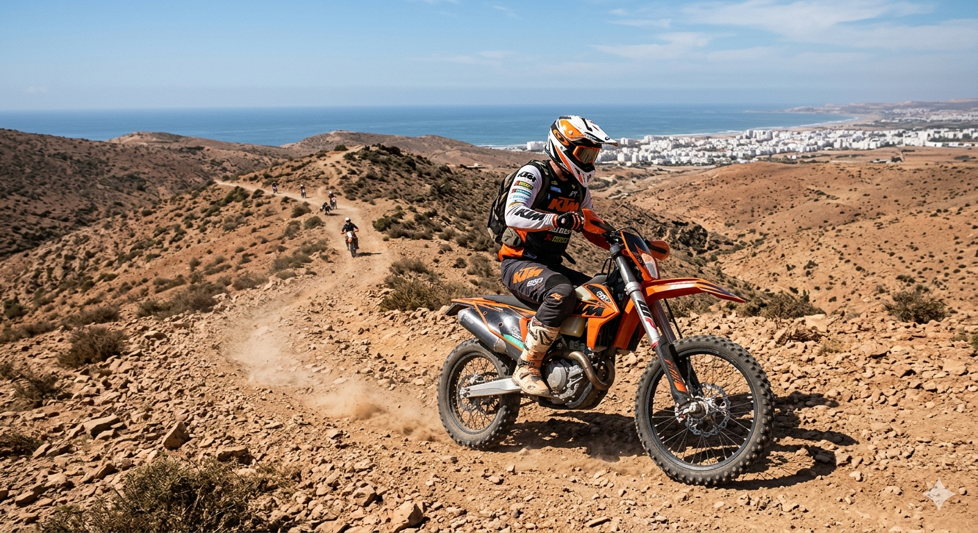 Pilotes débutants en équipement enduro complet sur la plage d'Agadir