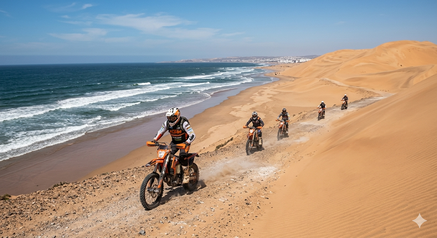 Vue panoramique sur la côte d'Agadir avec motos enduro
