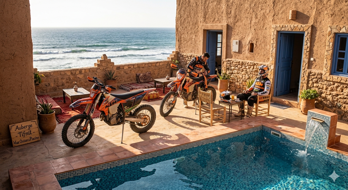 KTM 450 EXC-F sur dune face à l'océan d'Agadir